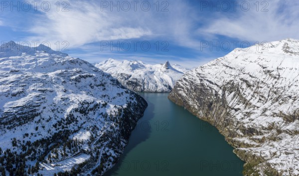 Aerial view over the Zervreila reservoir with the Zervreilahorn in the background, Valsertal, Canton Graubünden, Switzerland, Europe