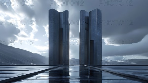 Minimalistic grey colored architecture in geometric adorned structures against a surreal backdrop, AI generated