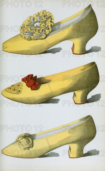 Shoe fashion in 1900, Women's shoes, Two yellow satin shoes, the first worn on stage by the actress Miss Ada Cavendish, and one straw coloured shoe, Two yellow satin shoes, the first worn on stage by the actress Miss Ada Cavendish, and one straw coloured shoe (1900)
