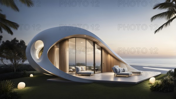 Modern art museum architecture inspired by seashells spiral patterns, AI generated