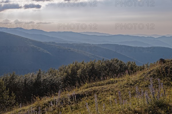 Mountain landscape of the Balkan Mountains and the forested slopes of the Balgarka nature park Park in Central Bulgaria. Shipka, Gabrovo, Bulgaria, Southeast Europe, Europe