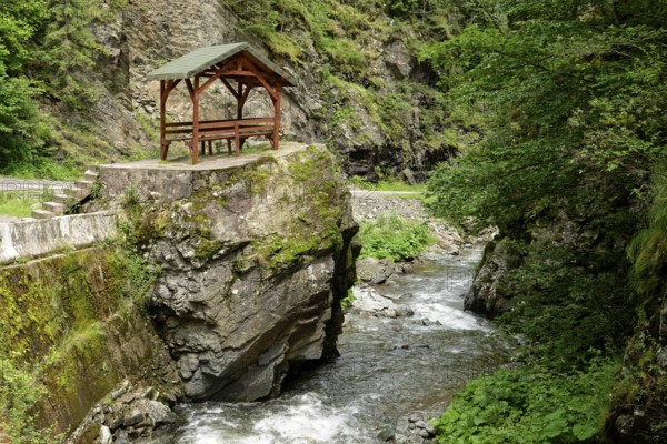 Resting place at Jiet Bach, a mountain stream in the Fagaras Mountains, also Fogarasch Mountains, in the southern Carpathians. Eisenmarkt County, Romania, South-Eastern Europe, Europe