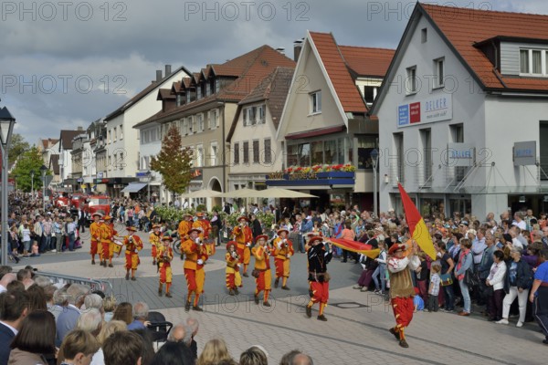 Local costume group parading at Zwetschgenfest, plum festival, Bühl, Baden, Baden-Württemberg, Germany, Europe