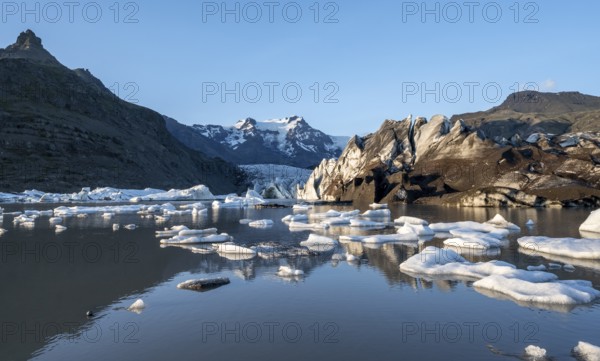 Reflection in the Svínafellslon glacier lagoon with ice floes, Svínasfellsjökull glacier tongue, glaciated mountain peak Hrútfjallstindar in the background, at sunset, Svínafell, Iceland, Europe