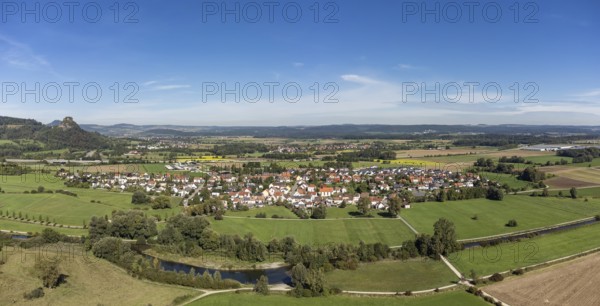 The Radolfzeller Aach with the village of Hausen an der Aach, on the horizon the Hegau volcano Hohenkrähen, Constance district, Baden-Württemberg, Germany, Europe