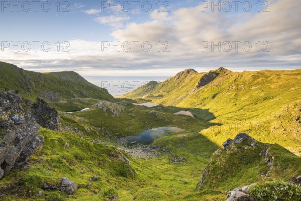 View of mountains and landscape along the Dronningruta hike, near Nyksund, Langøya Island, Vesterålen, Northern Norway, Norway, Europe