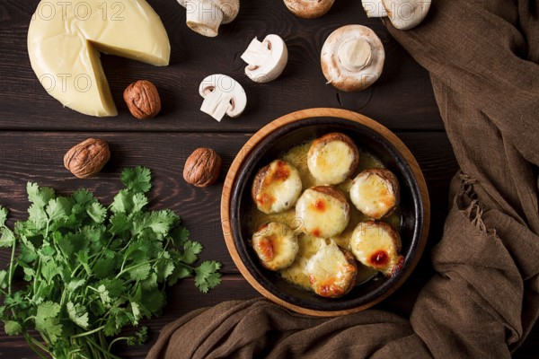 Traditional Georgian dish, appetizer, stuffed mushrooms, Sulguni cheese, baked in a Ketzi clay pan, on a wooden table, close-up, no people