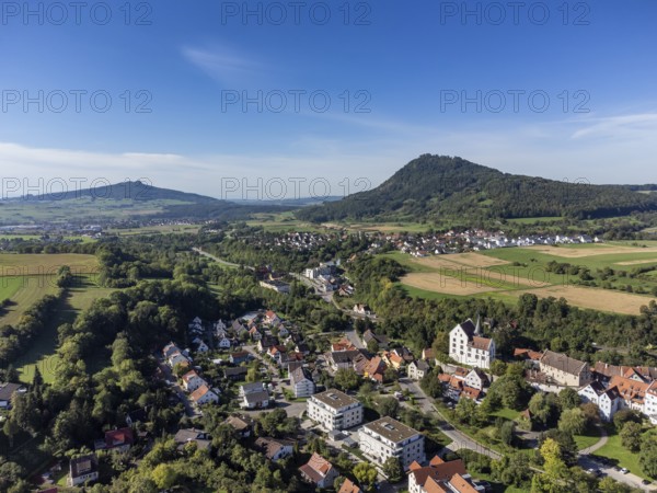 Aerial view of the town of Engen, on the right the Hegau volcano Hohenhewen. on the left the Hohenstoffeln, district of Constance, Baden-Württemberg, Germany, Europe