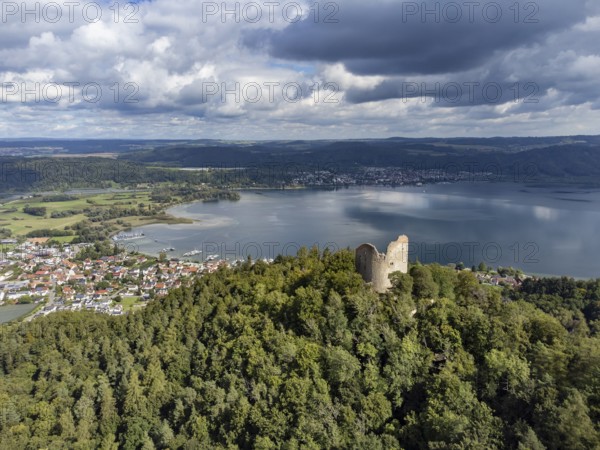 Aerial view of Lake Constance with the ruins of Altbodman with the village of Bodman-Ludwigshafen, Constance district, Baden-Württemberg, Germany, Europe