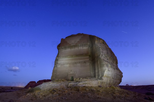 Qasr Al-Farid, 2000 year old Nabataean tomb, blue hour, Hegra or Mada'in Salih, AlUla region, Medina province, Saudi Arabia, Arabian Peninsula, Asia
