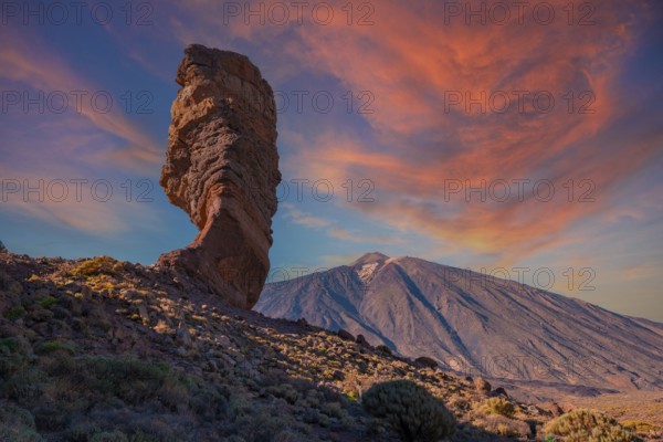 Sunset at Roque Cinchado next to Teide in the natural park of Tenerife, Canary Islands. Spain
