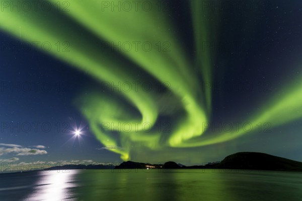 Northern Lights, (Aurora borealis) at a fjord near Skjiervoya, September 2024, Lapland, Finnmark, Norway, Europe