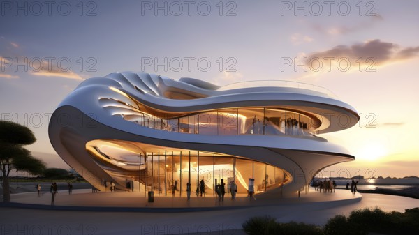 Modern art museum architecture inspired by seashells spiral patterns, AI generated