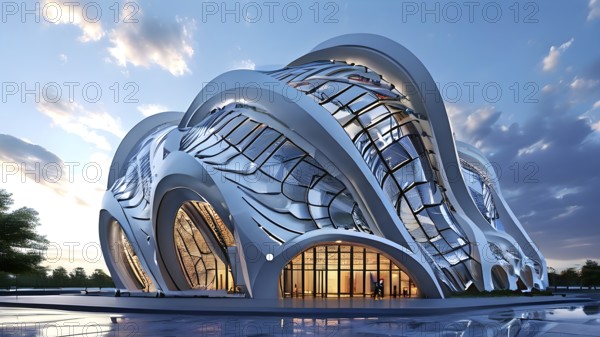 Modern art building design concept showcasing the spiral patterns found in seashells, AI generated