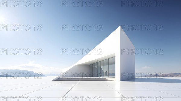 3d render of a futuristic white minimalist architecture with geometric shapes in surreal backdrop, AI generated