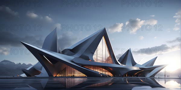 Minimalistic grey colored architecture in geometric adorned structures against a surreal backdrop, AI generated