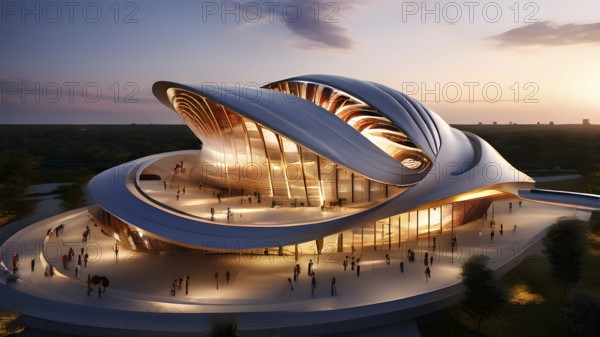 Modern art building design concept showcasing the spiral patterns found in seashells, AI generated