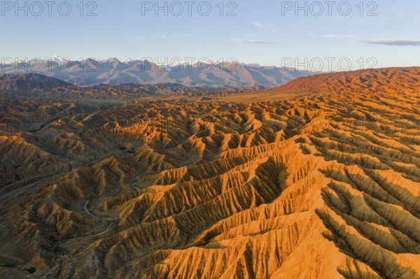 River bed runs through a landscape of eroded hills, badlands at sunset, mountain peaks of the Tian Shan Mountains in the background, aerial view, Canyon of the Forgotten Rivers, Issyk Kul, Kyrgyzstan, Asia