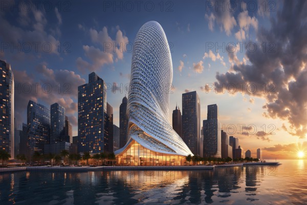 Modern skyscraper design concept showcasing the spiral patterns found in seashells, AI generated