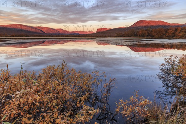 Mountains reflected in lake, autumn colours, cloudy mood, morning light, dawn, Nikkaluokta, Laponia, Lapland, Sweden, Europe