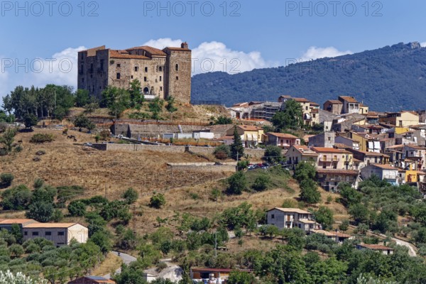 The medieval castle on a hill and the historic centre of the Sicilian town of Castelbuono. Sicily, Italy, Southern Europe, Europe
