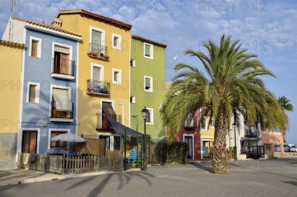 Colourful house facades, La Vila Joiosa, Villajoiosa, Costa Blanca, Valencian Country, Spain, Europe