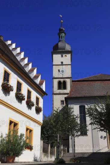 Town hall and Protestant church in Mainbernheim, Lower Franconia, Bavaria, Germany, Europe