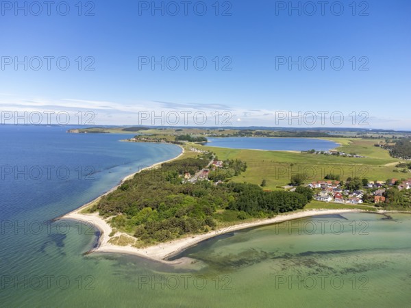 Aerial view of Thiessower Haken with sandy beach, Mönchgut, Island of Rügen, Mecklenburg-Western Pomerania, Germany, Europe