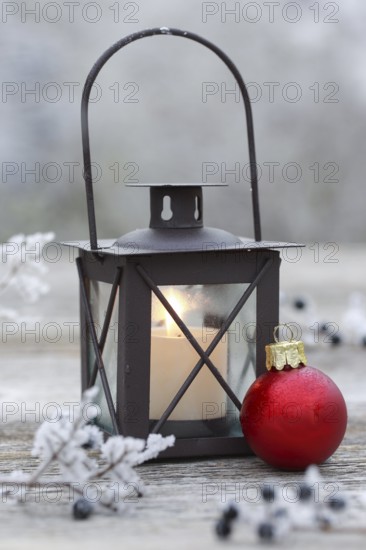 Lantern with outdoor Christmas decoration, Switzerland, Europe