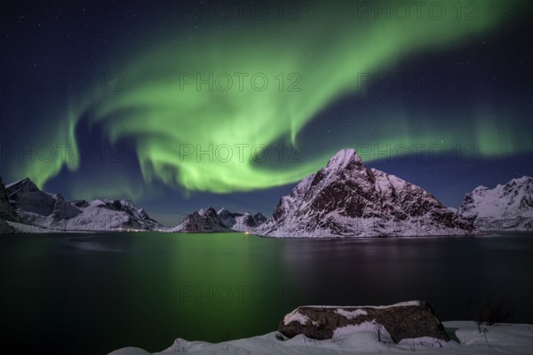 Green northern lights reflected in fjord, steep mountains, aurora borealis, winter, Reine, Moskenesoya, Lofoten, Norway, Europe