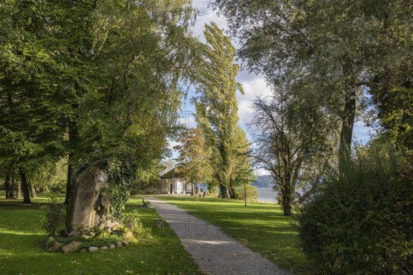 Footpath through Mettnaupark with memorial stone by the poet Joseph Victor von Scheffel and the Urkundenhäuschen, Radolfzell am Lake Constance, Konstanz district, Baden-Württemberg, Germany, Europe