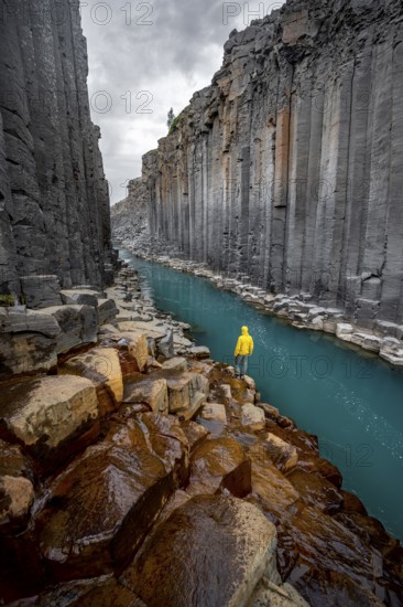 Tourist standing by the river in Stuðlagil Canyon, turquoise blue river between basalt columns, Egilsstadir, Iceland, Europe