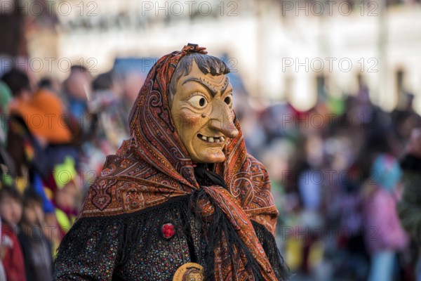 Witch on the carnival procession, Big Fasendumzug, Gengenbach, Ortenaukreis, Alemannic Fasnacht, Baden-Württemberg, Germany, Europe