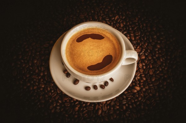 Food photography, coffee cup with coffee on coffee beans