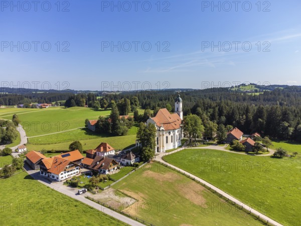 Aerial view of the pilgrimage church, Wieskirche, Steingaden, Romantic Road, Pfaffenwinkel, Upper Bavaria, Bavaria, Germany, Europe