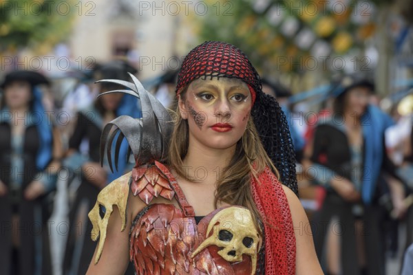 Woman in traditional clothes, Moors and Christians Parade procession, Moros y Cristianos, Jijona or Xixona, Alicante, Costa Blanca, Spain, Europe