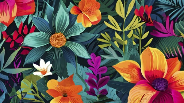 Illustration background of lush floral pattern with vivid flowers and leaves, AI generated