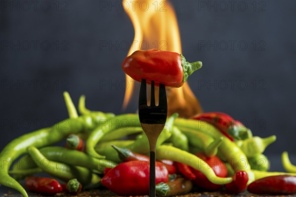 A red pepperoni on a fork, pepperoni and fire in the background, food photography