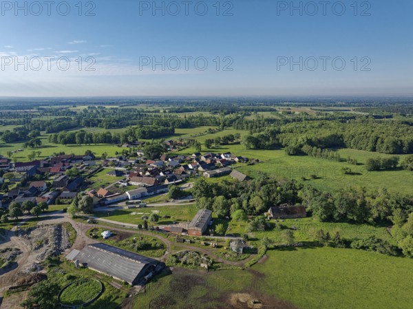 Aerial view of the agricultural and meadow landscape near Dannefeld in the UNESCO Drömling Biosphere Reserve. Hanseatic town of Gardelegen in the Altmark, Saxony-Anhalt, Germany, Europe