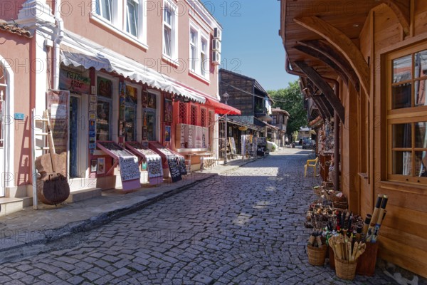 Half-timbered houses with typical local roof overhangs in the old town centre of Sozopol. Bulgaria, Southeast Europe