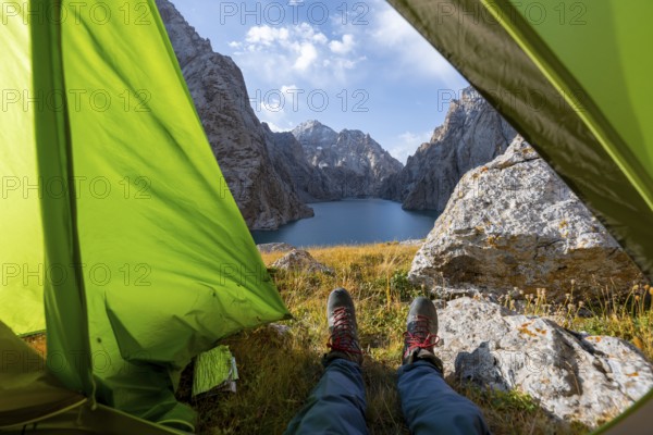 Wild camping, camping in the wilderness with a tent, Kol Suu mountain lake, Sary Beles Mountains, Naryn Province, Kyrgyzstan, Asia