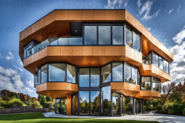 Modern residential house inspired by honeycomb hexagonal patterns, AI generated