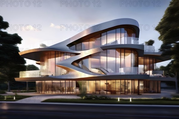 KI generated architectural structure melding computer aided design illustrations with genuine photoelements, AI generated