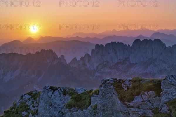 Fribourg Prealps with Gastlosen mountain range at sunrise, Bernese Alps behind, cantons of Fribourg and Bern, Switzerland, Europe