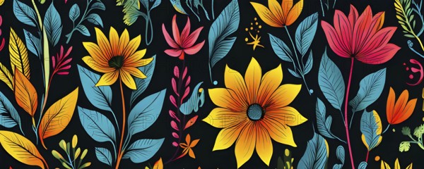 Botanical doodle background illustration with flower and leaves in abstract shapes, AI generated