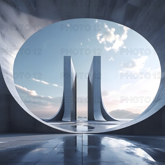 Minimalistic grey colored architecture in geometric adorned structures against a surreal backdrop, AI generated