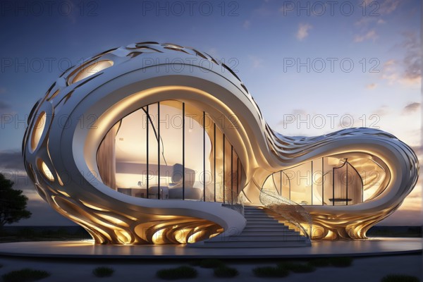 Modern art museum architecture inspired by seashells spiral patterns, AI generated