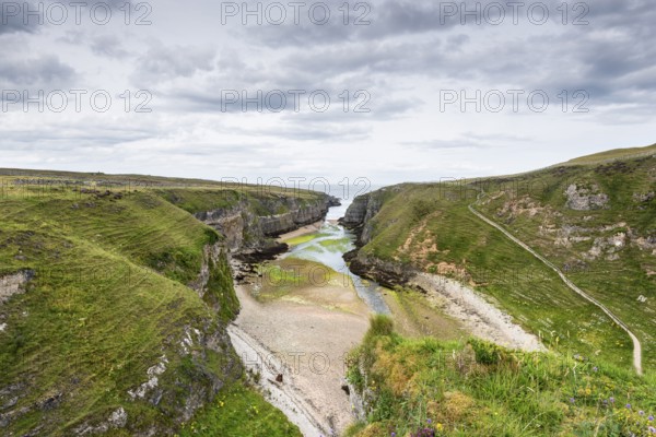 View from the viewpoint above Smoo Cave into the almost 800m long fjord Geodha Smoo, Durness, Sutherland, Highland, Scotland, Great Britain
