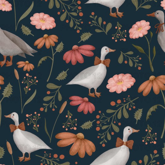 Seamless watercolor pattern illustration with geese, wildflowers and leaves on dark blue background