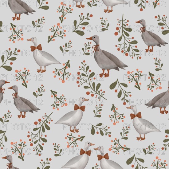 Seamless watercolor pattern illustration with geese, wildflowers, berries and leaves on grey background